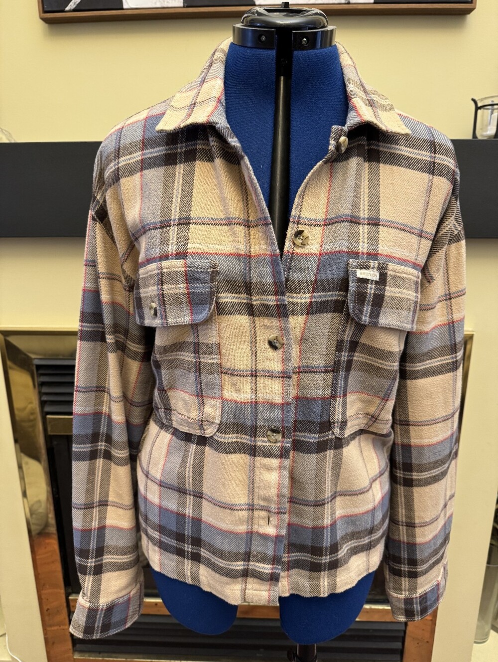 Brixton Bowery Cropped Flannel Shirt Jacket Plaid Tan Blue Large Boxy